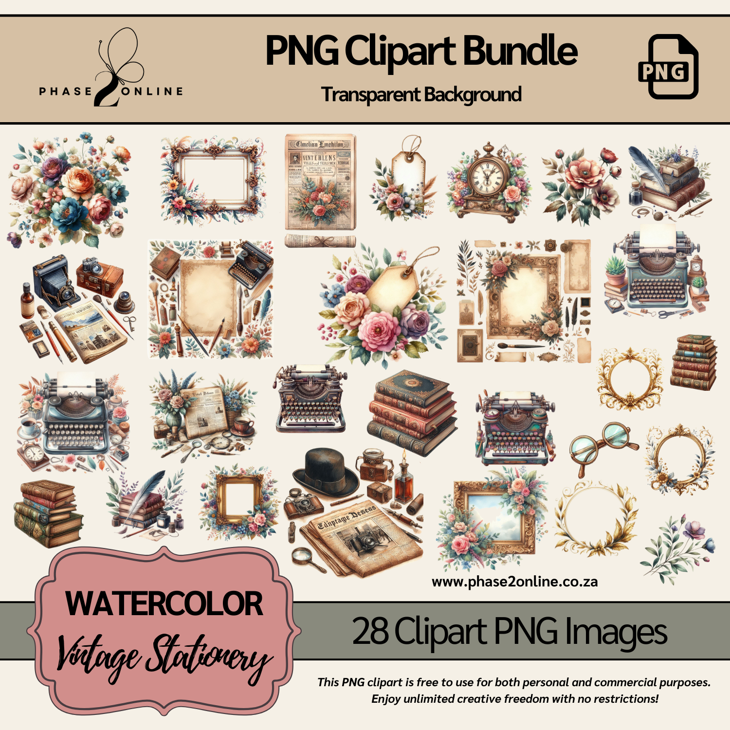 Watercolor Vintage Stationery Clipart – High-Quality PNG Designs for Instant Download