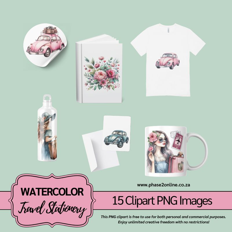 Watercolor Travel Clipart Pink &amp; Mint– High-Quality PNG Designs for Instant Download