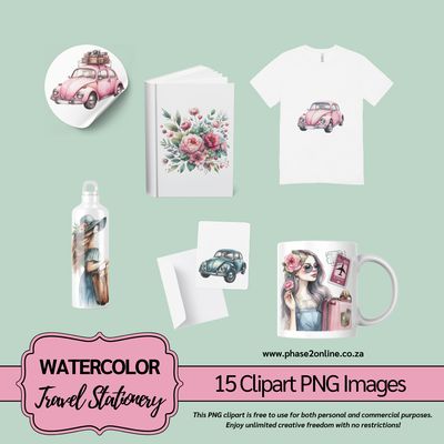 Watercolor Travel Clipart Pink &amp; Mint– High-Quality PNG Designs for Instant Download