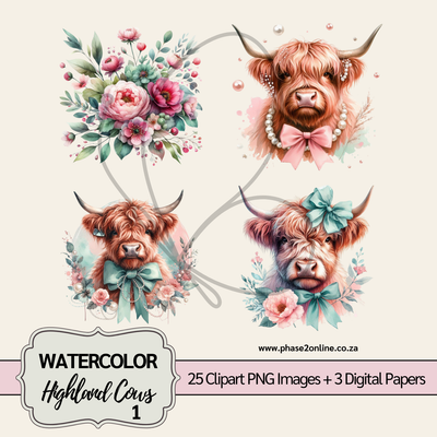 Watercolor Highland Cow Clipart – High-Quality PNG Designs for Instant Download
