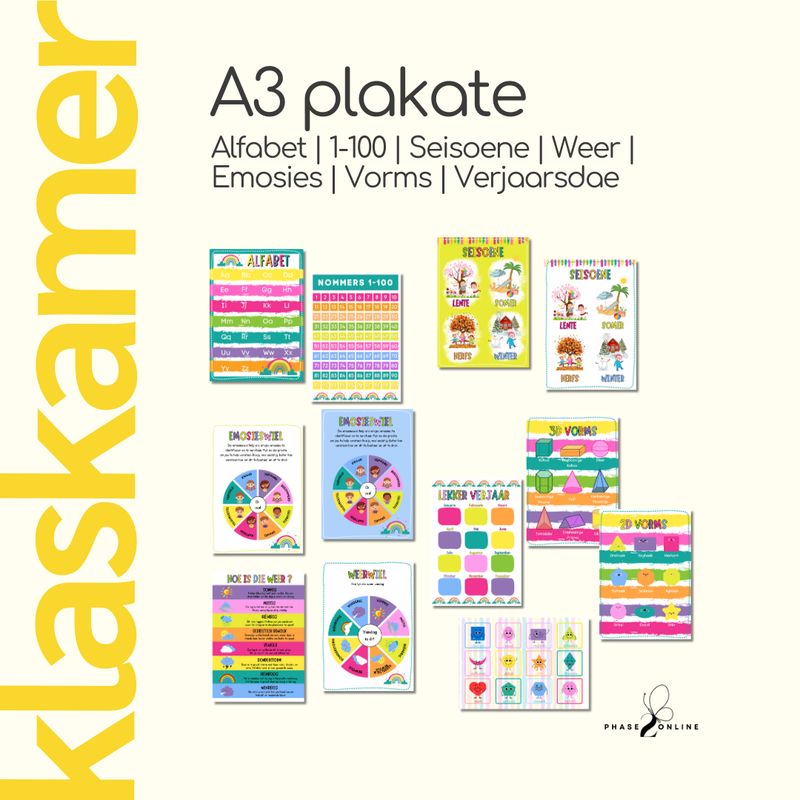 A3 Afrikaanse klaskamer plakkate met reënboog tema vir seisoene, emosies en weer