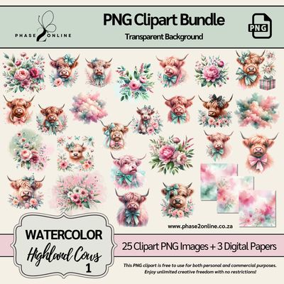 Watercolor Highland Cow Clipart – High-Quality PNG Designs for Instant Download