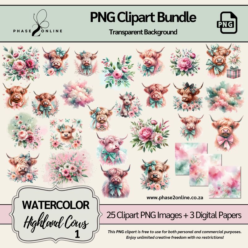 Watercolor Highland Cow Clipart – High-Quality PNG Designs for Instant Download