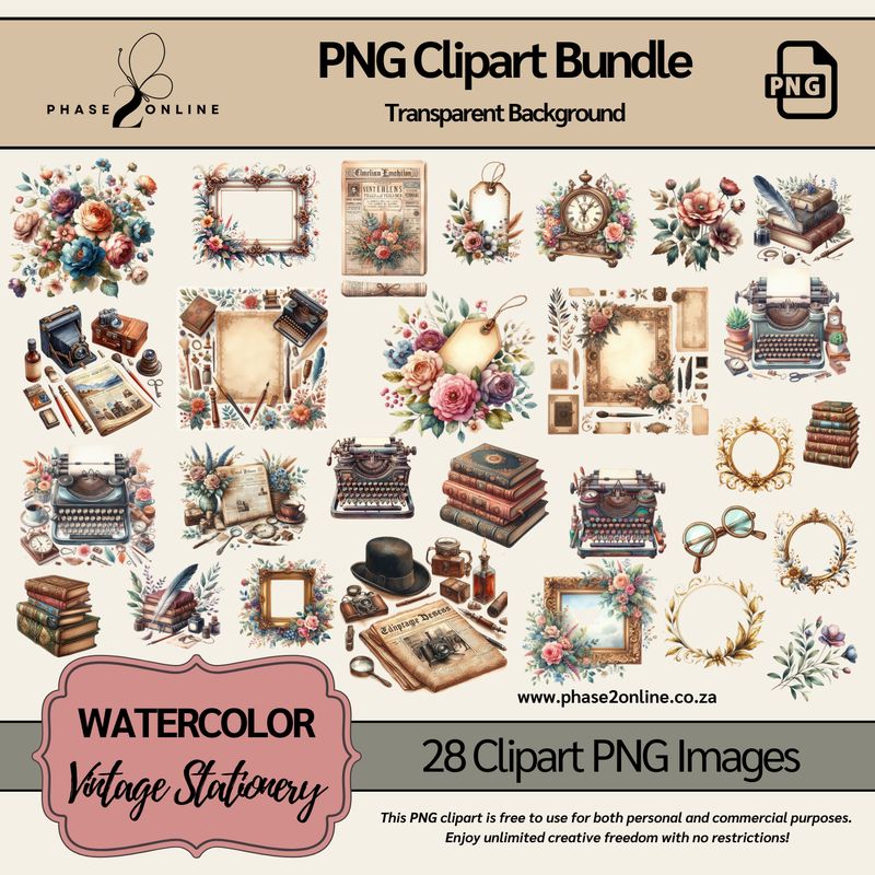 Watercolor Vintage Stationery Clipart – High-Quality PNG Designs for Instant Download