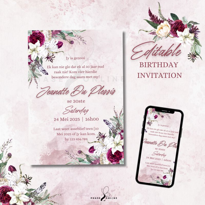 Rustic Maroon Floral Birthday Invitation Editable Digital Template