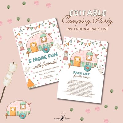 Pink Camp Birthday Invitation and Pack list