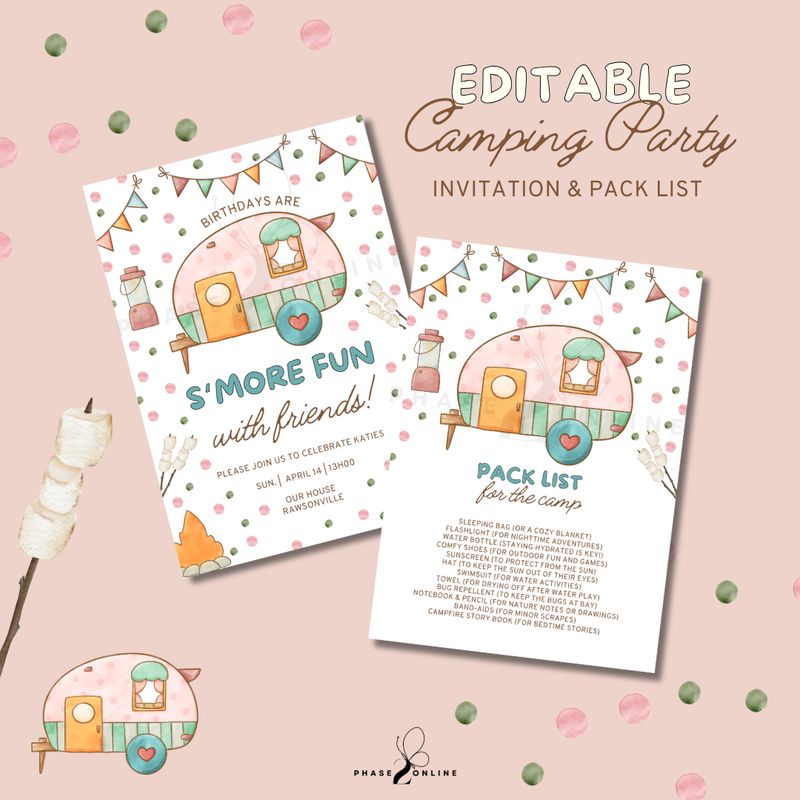 Pink Camp Birthday Invitation and Pack list