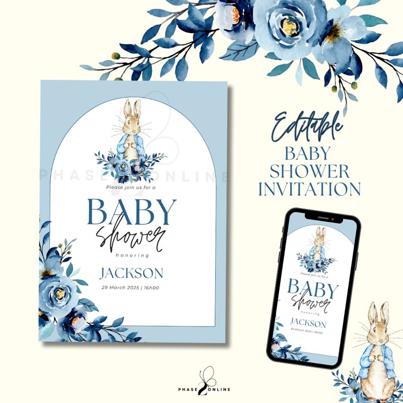 Blue Peter Rabbit Baby Shower Invitation | Editable Instant Download