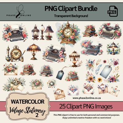 Watercolor Vintage Stationery Set 2 Clipart – High-Quality PNG Designs for Instant Download