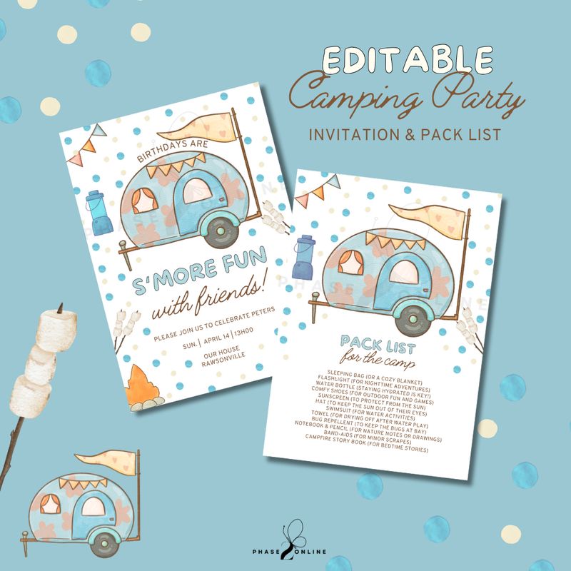 Blue Camp Birthday Invitation and Pack list