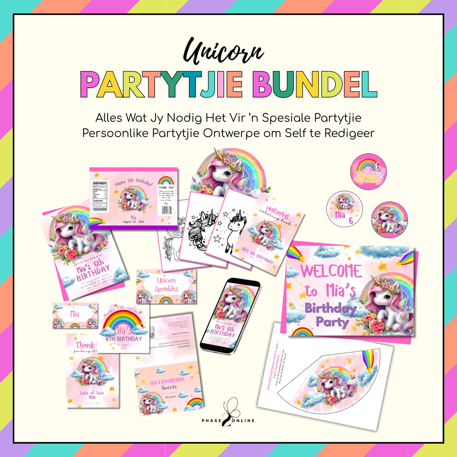 Unicorn Verjaarsdag Partytjie Bundel | Redigeerbare Canva Templates | Digitale Aflaai
