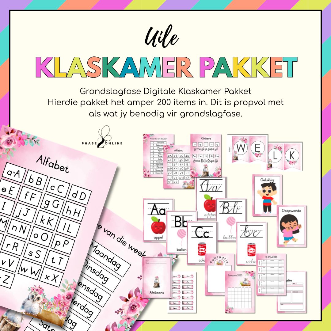 Pienk uile klaskamer pakket digitale aflaai vir Graad R en Graad 1 klaskamer dekor.