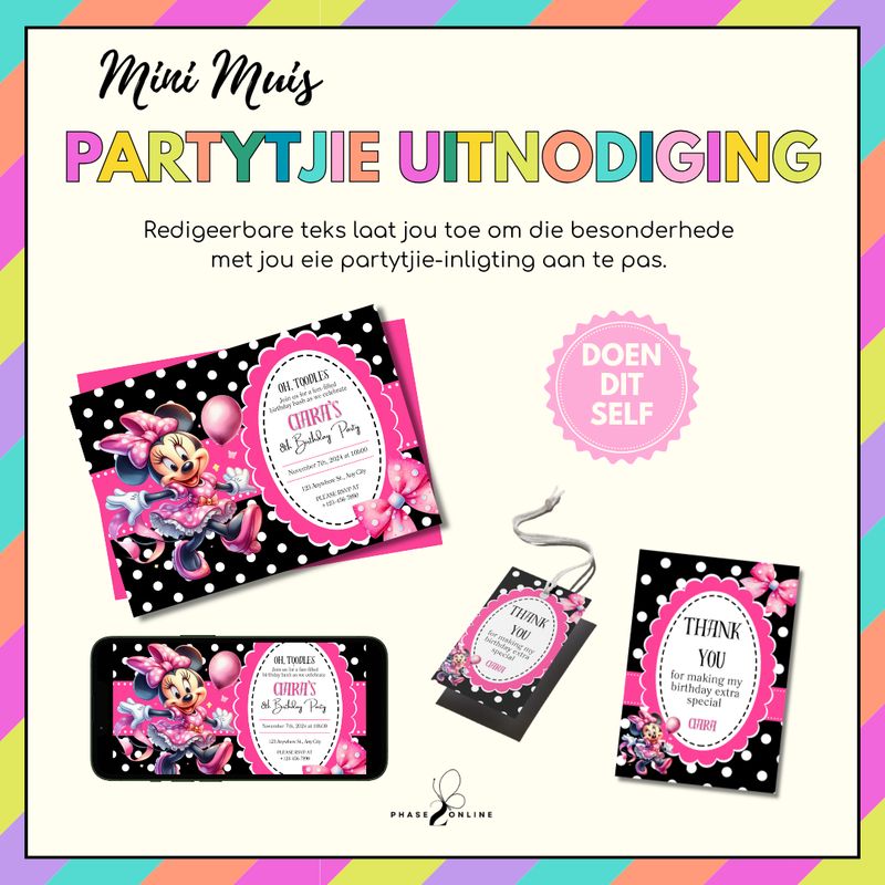Minnie Muis Partytjie Uitnodiging | Redigeerbare