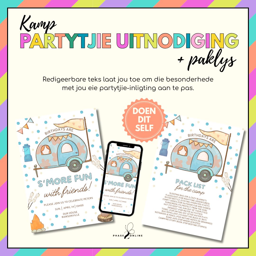 Seuntjie Kamp Verjaarsdag Uitnodiging | Redigeerbare Onmiddellike Aflaai