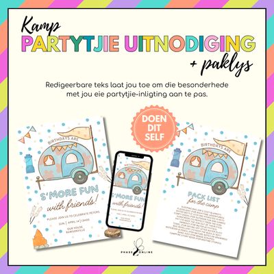 Seuntjie Kamp Verjaarsdag Uitnodiging | Redigeerbare Onmiddellike Aflaai