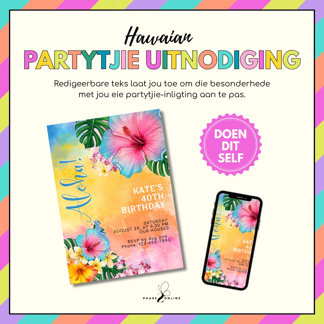 Hawaian Verjaarsdag Uitnodiging | Redigeerbare Onmiddellike Aflaai | Partytjie