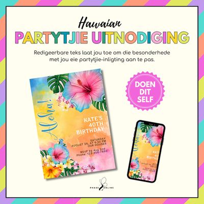 Hawaian Verjaarsdag Uitnodiging | Redigeerbare Onmiddellike Aflaai | Partytjie