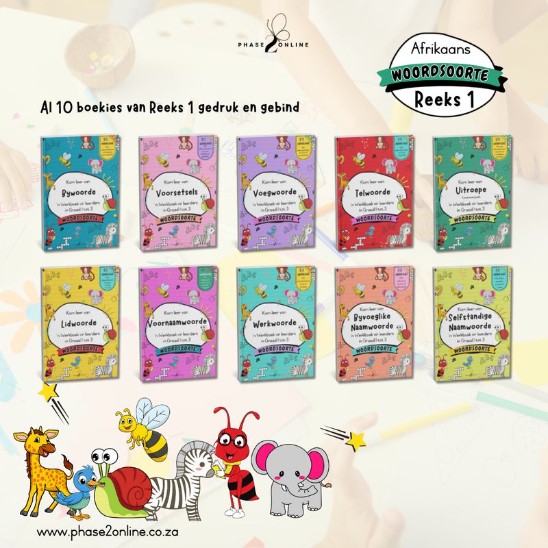 Kleurvolle Afrikaans woordsoorte werkboeke vir laerskool kinders