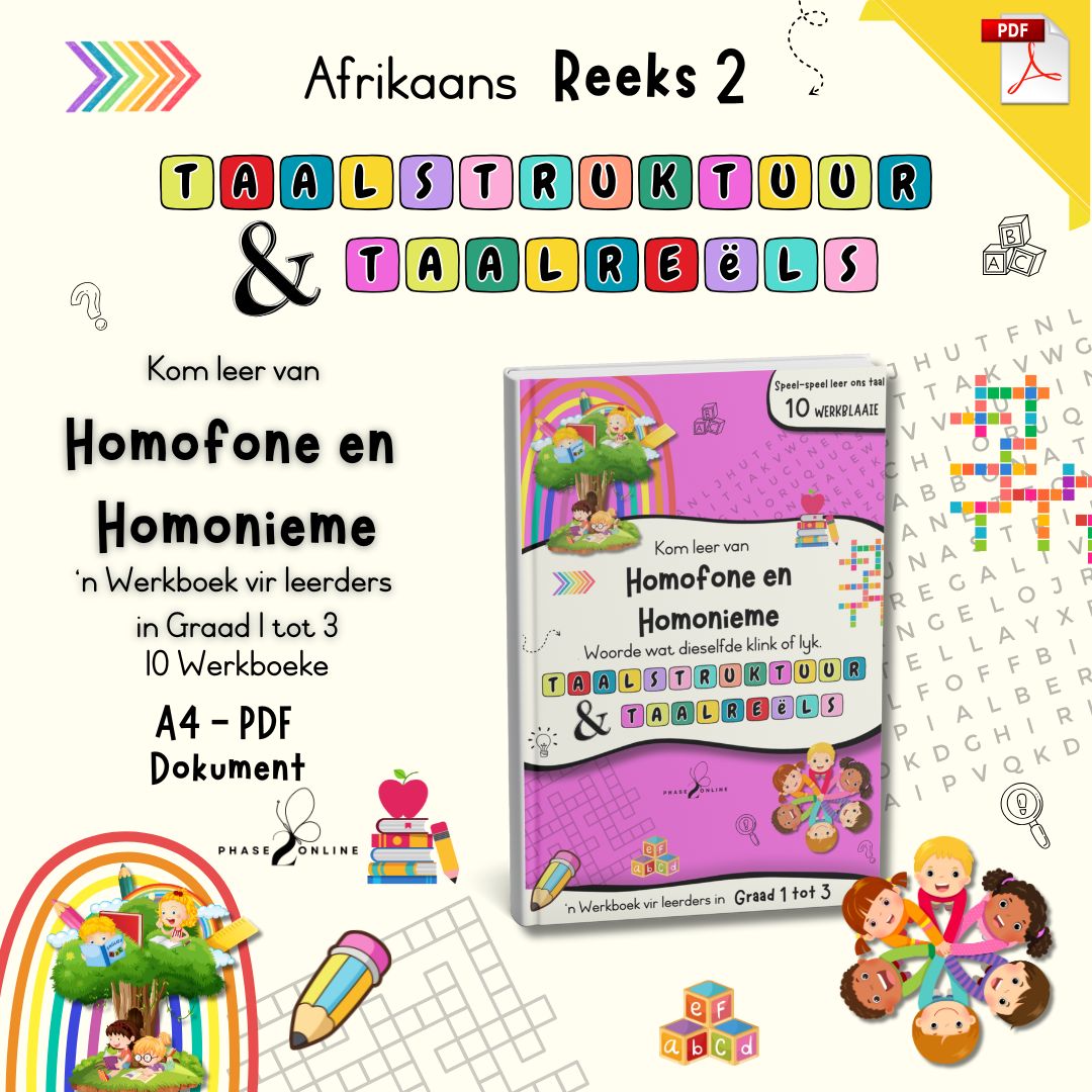 Afrikaanse homofone en homonieme PDF werkboek vir Graad 1 tot 3