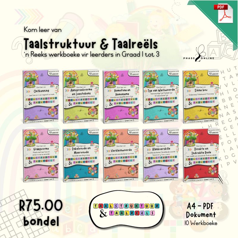 Afrikaanse taalstruktuur en taalreëls werkboek bundel vir Graad 1 tot 3