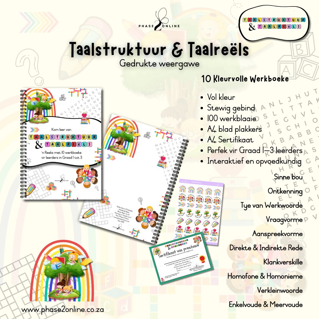 Afrikaanse taalstruktuur en taalreëls werkboek reeks vir Graad 1 tot 3