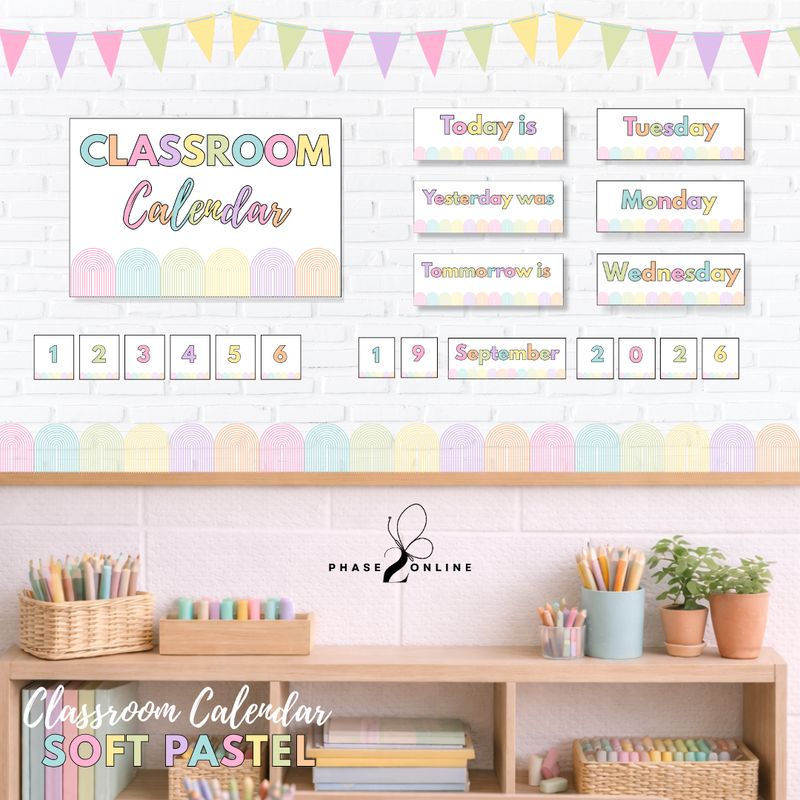 English classroom calendar wall display with daily routine, weather chart and seasons for Foundation Phase