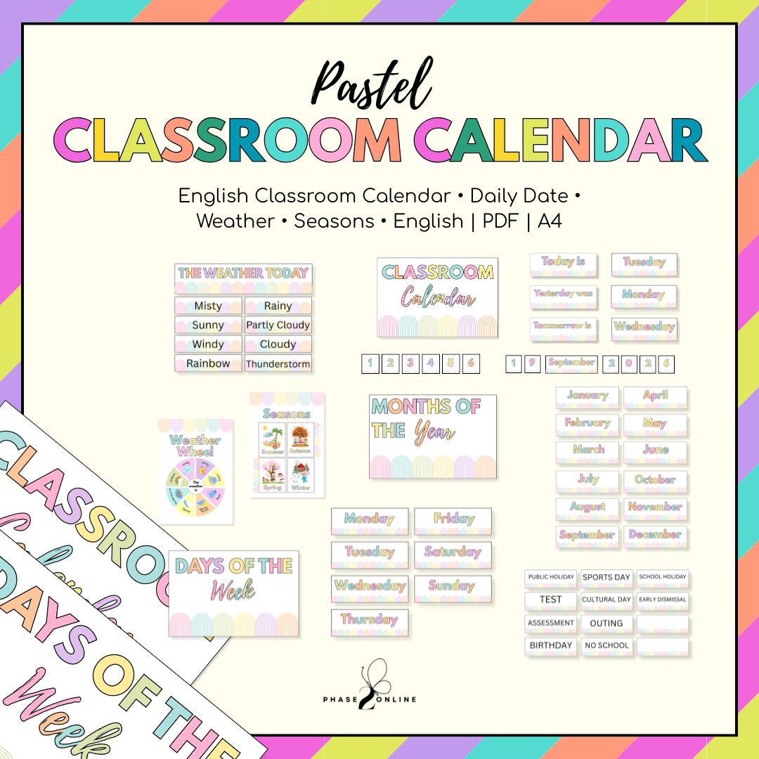 English Classroom Calendar Printable PDF | Foundation Phase Classroom Decor