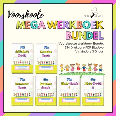 Volledige voorskoolse werkboek bundel PDF met klanke alfabet nommers somme en sker aktiwiteite