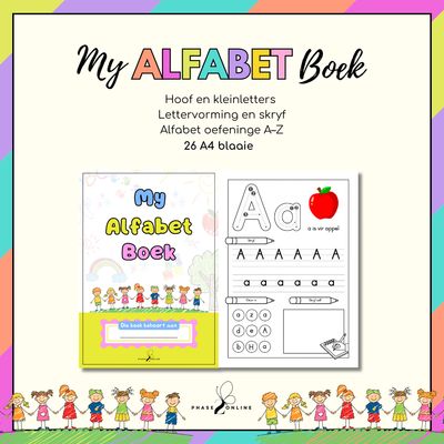 Afrikaanse alfabet werkboek vir voorskoolse kinders met hoof en kleinletters en skryf oefeninge