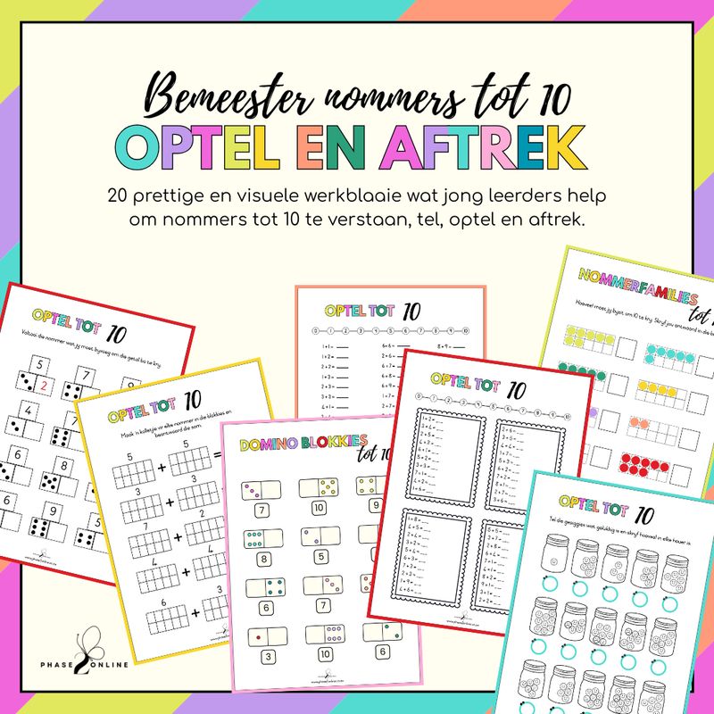 Bemeester Nommers 1-10: Optel en Aftrek Werkboek (20 Werkblaaie)