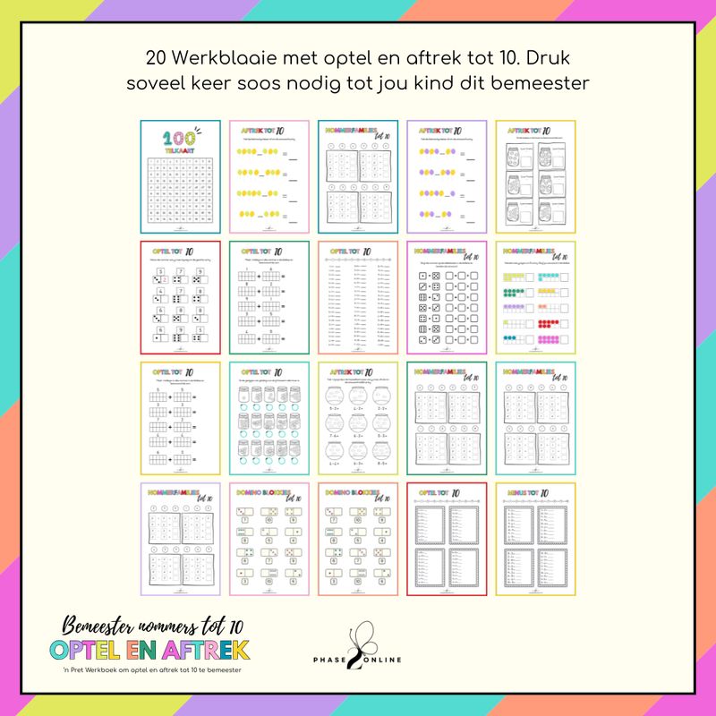 Printable wiskunde werkkaarte vir optel en aftrek tot 10 Afrikaans