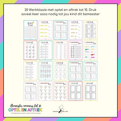 Printable wiskunde werkkaarte vir optel en aftrek tot 10 Afrikaans