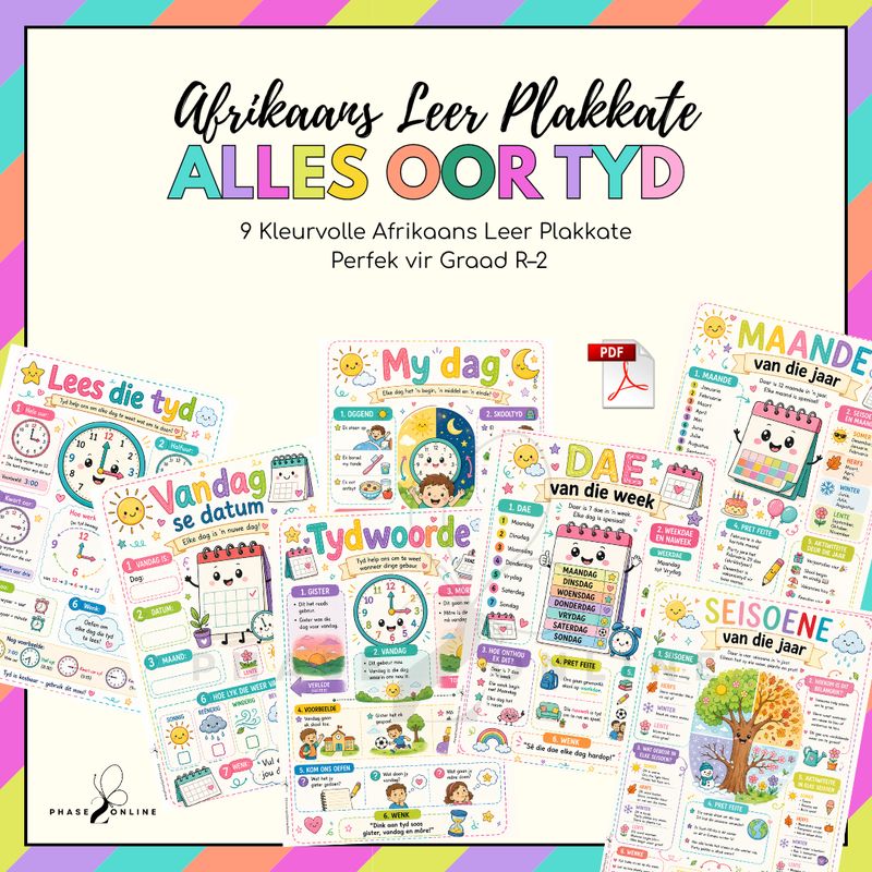Alles oor tyd - 9 Afrikaans Leer Plakkate Gr R-2