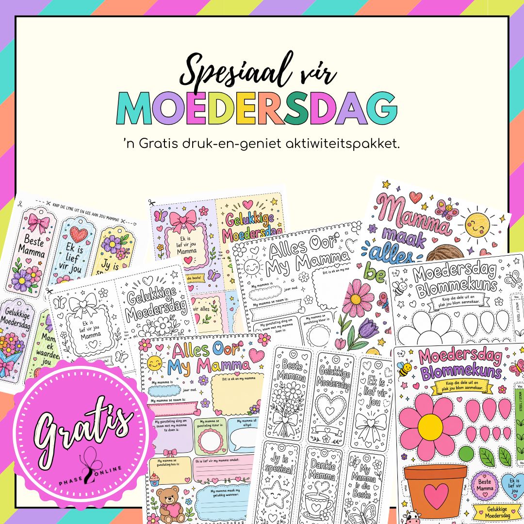 Spesiaal vir Moedersdag gratis aktiwiteitspakket in Afrikaans met inkleurbladsye, kaartjies, boekmerke en kunsaktiwiteite vir