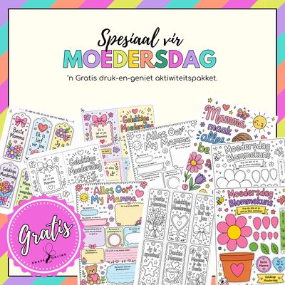 Spesiaal vir Moedersdag gratis aktiwiteitspakket in Afrikaans met inkleurbladsye, kaartjies, boekmerke en kunsaktiwiteite vir