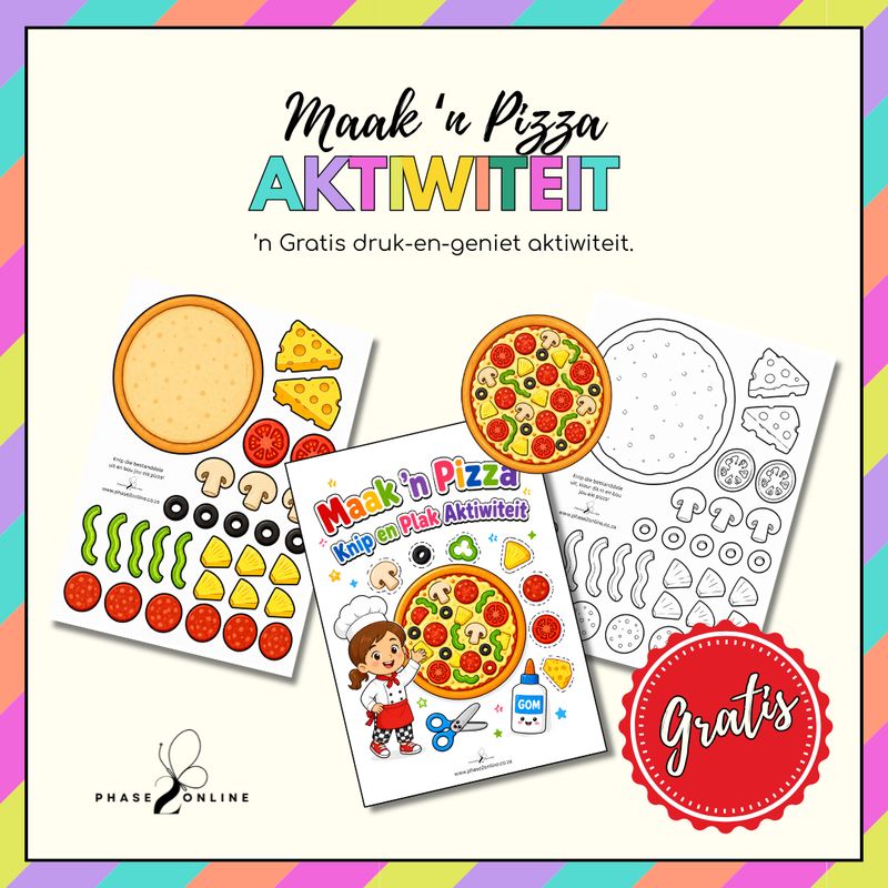 Gratis Afrikaanse Maak ’n Pizza knip-en-plak printable met pizza-bestanddele om uit te knip en te plak.