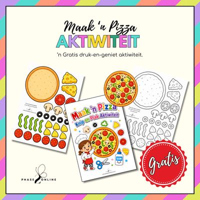 Gratis Afrikaanse Maak ’n Pizza knip-en-plak printable met pizza-bestanddele om uit te knip en te plak.