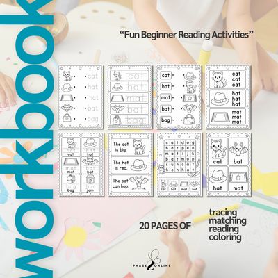 Colorful beginner phonics workbook cover for kids featuring CVC words, tracing, matching, coloring, and read