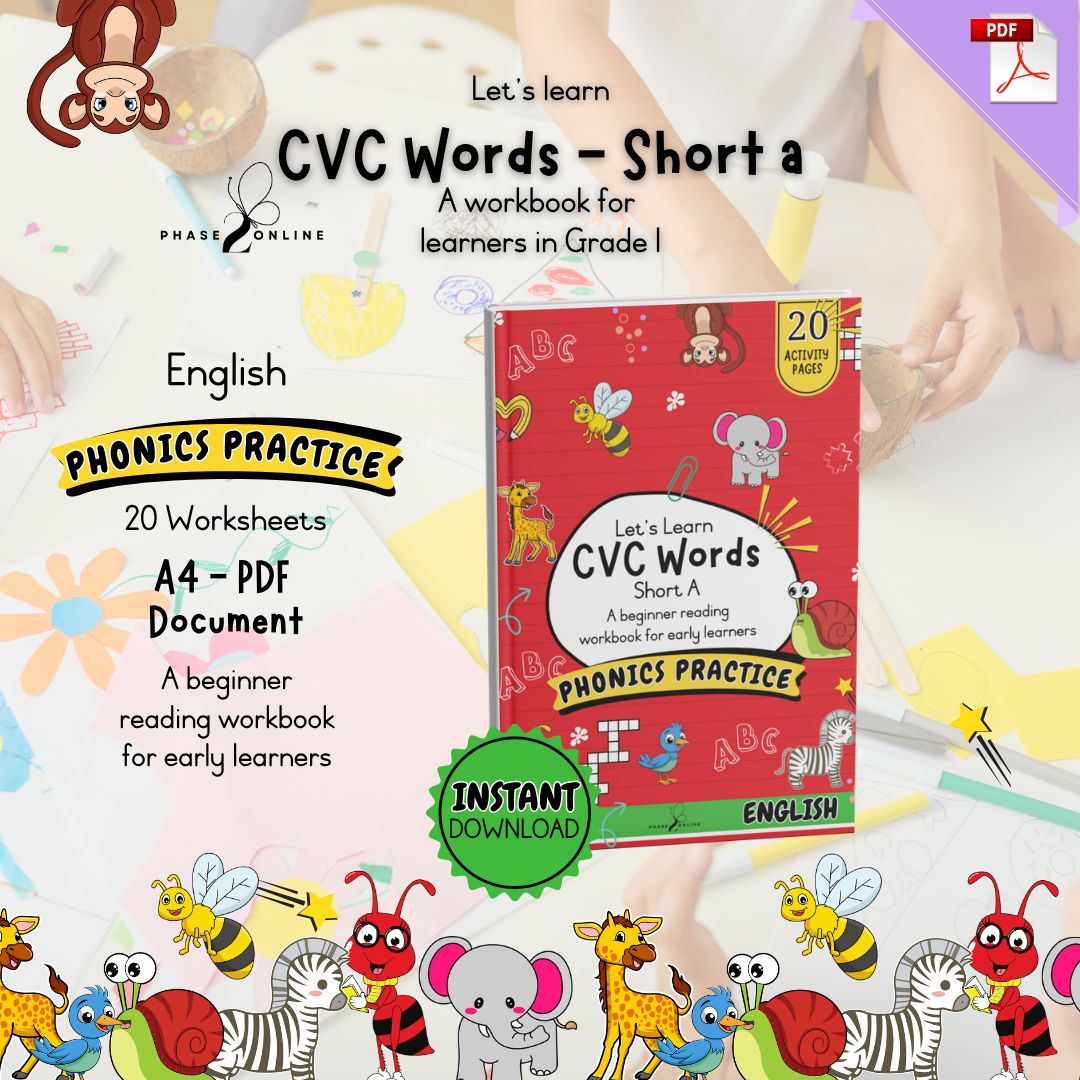 Colorful beginner phonics workbook cover for kids featuring CVC words, tracing, matching, coloring, and read