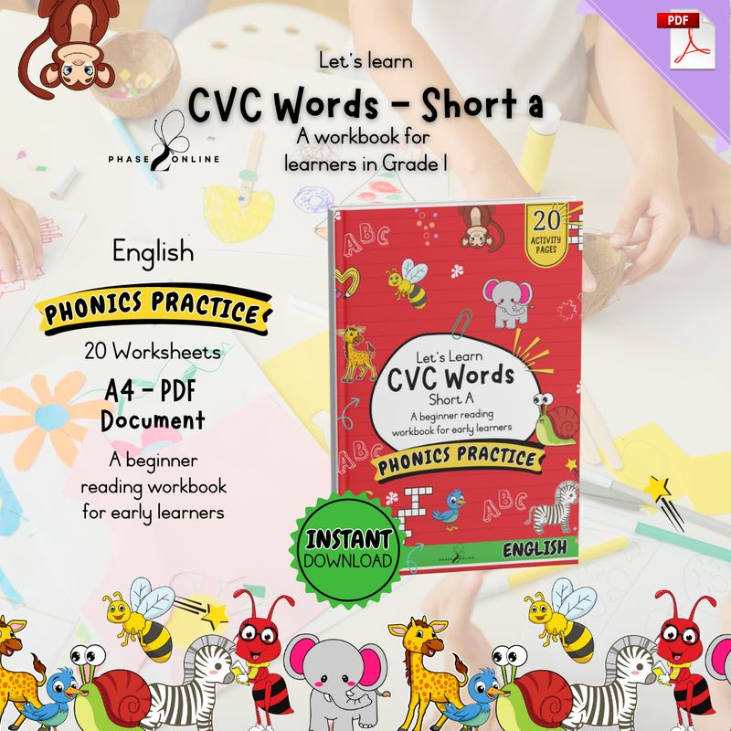 Colorful beginner phonics workbook cover for kids featuring CVC words, tracing, matching, coloring, and read