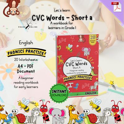 Colorful beginner phonics workbook cover for kids featuring CVC words, tracing, matching, coloring, and read