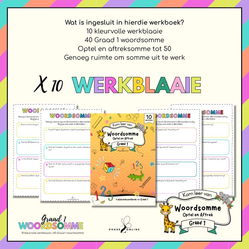 Graad 1 Woordsomme Werkboek – 10 kleurvolle werkblaaie met 40 optel- en aftrekwoordsomme. PDF digitale aflaai.
