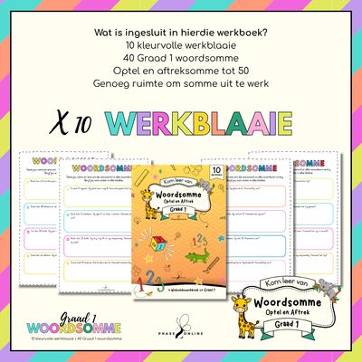 Graad 1 Woordsomme Werkboek – 10 kleurvolle werkblaaie met 40 optel- en aftrekwoordsomme. PDF digitale aflaai.