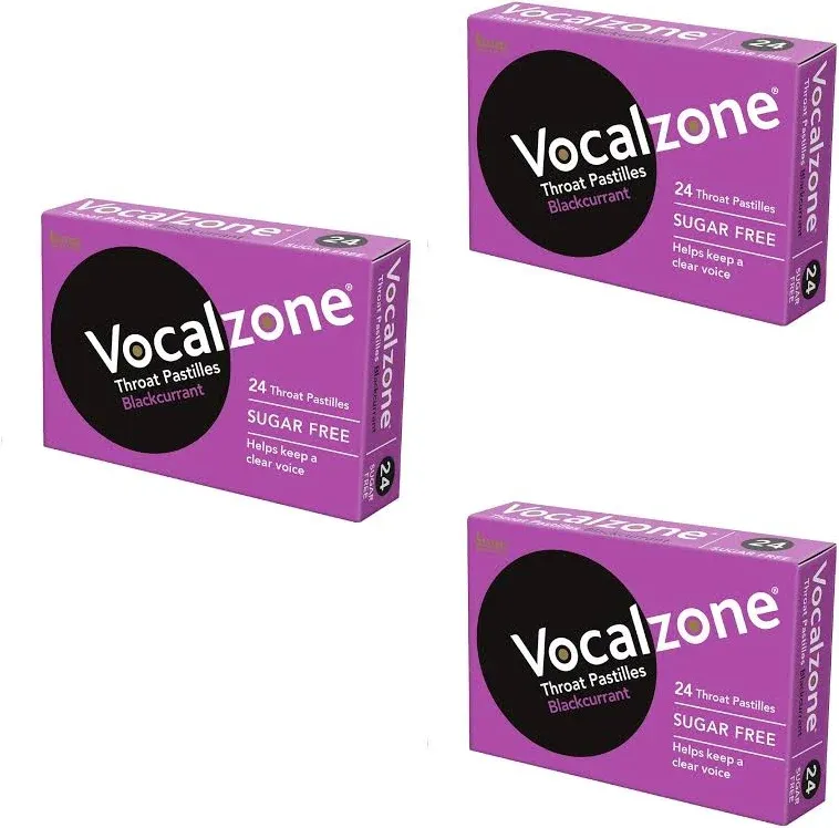 BUNDLE: Vocalzone Throat Pastilles - Blackcurrant Sugar Free (3 boxes of 24 pastilles)