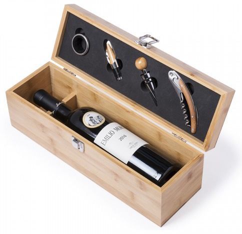 ESTUCHE DE MADERA DE 1 COMPARTIMENTO CON ACCESORIOS PARA VINO +  1 BOTELLA