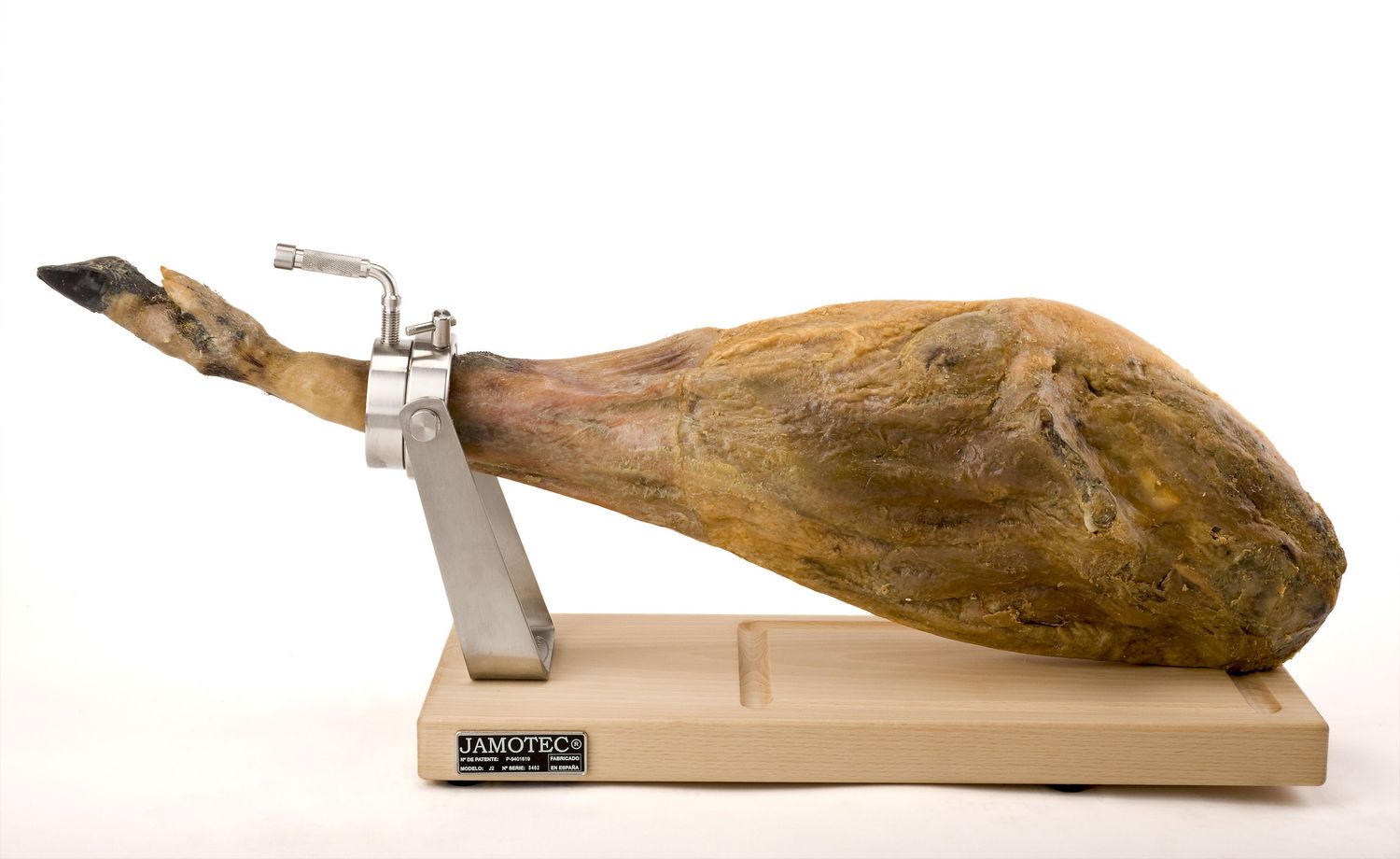 Professionele hamhouder Jamotec J2 · roestvrij staal en massief beuken, horizontale snede