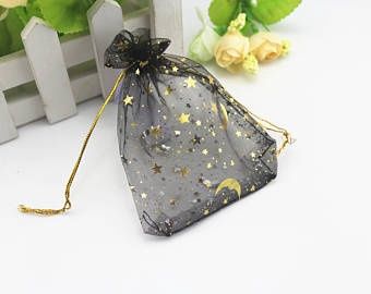 Organza Drawstring Bag with Spirals and Stars Black, *