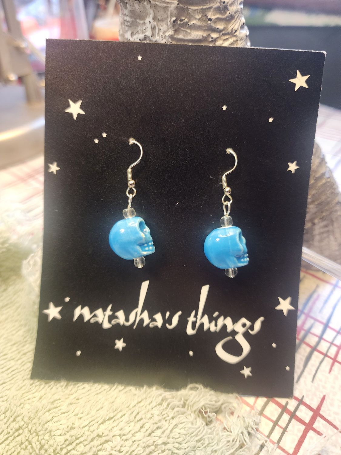 Blue Ceramic Skull Earrings