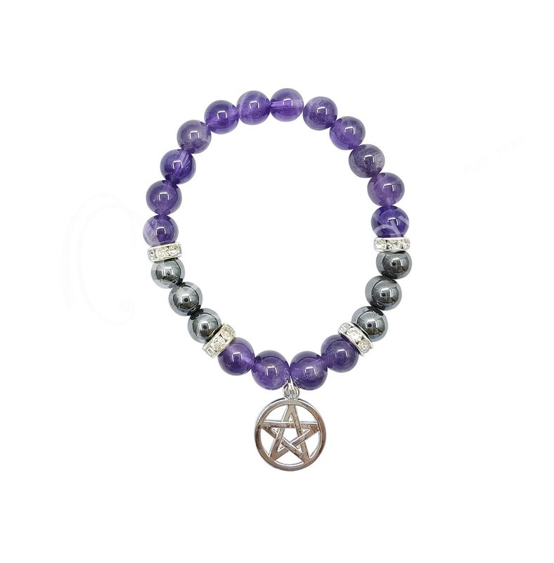 Amethyst and Hematite Bracelet  with Pentagram