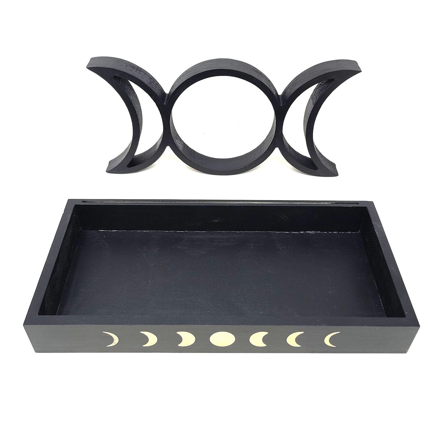 Wooden Triple Moon &amp; Moon Phase Tarot Card Tray Holder